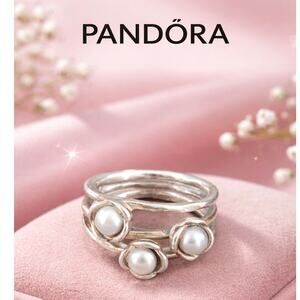 Pandora Triple Bloom Sterling Silver Gray Pearl Ring Sz. 5.25